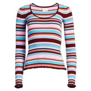 Cinq A Sept Estelle Striped Ribbed Top Size M Stretch Knit Lettuce Hem/Cuffs